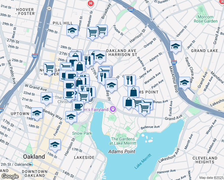 map of restaurants, bars, coffee shops, grocery stores, and more near 100 Bay Place in Oakland