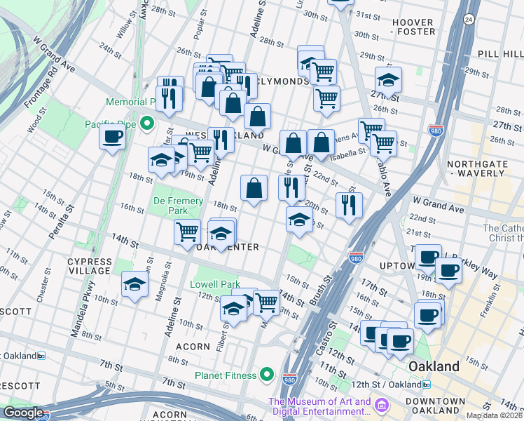 map of restaurants, bars, coffee shops, grocery stores, and more near 1818 Filbert Street in Oakland