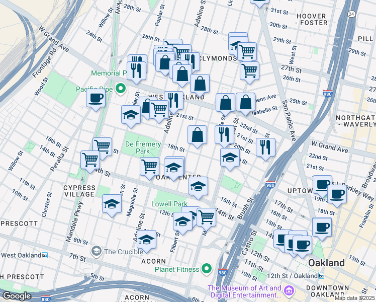 map of restaurants, bars, coffee shops, grocery stores, and more near 1805 Linden Street in Oakland