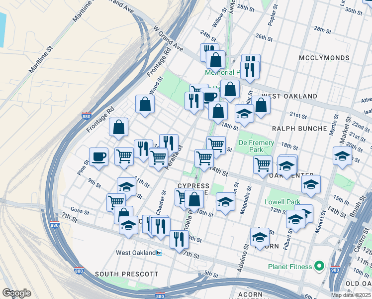 map of restaurants, bars, coffee shops, grocery stores, and more near 1503 Peralta Street in Oakland