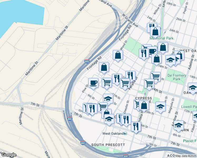 map of restaurants, bars, coffee shops, grocery stores, and more near in Oakland