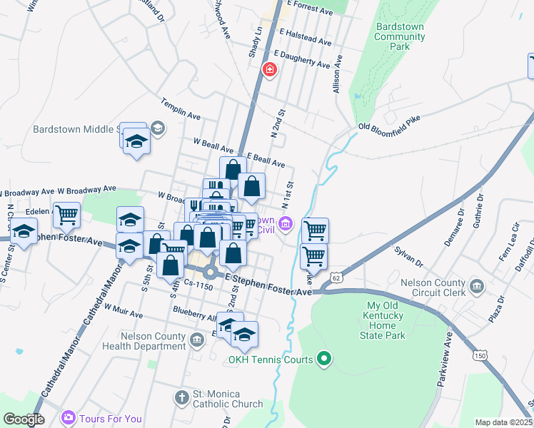 map of restaurants, bars, coffee shops, grocery stores, and more near 301-355 North 2nd Street in Bardstown