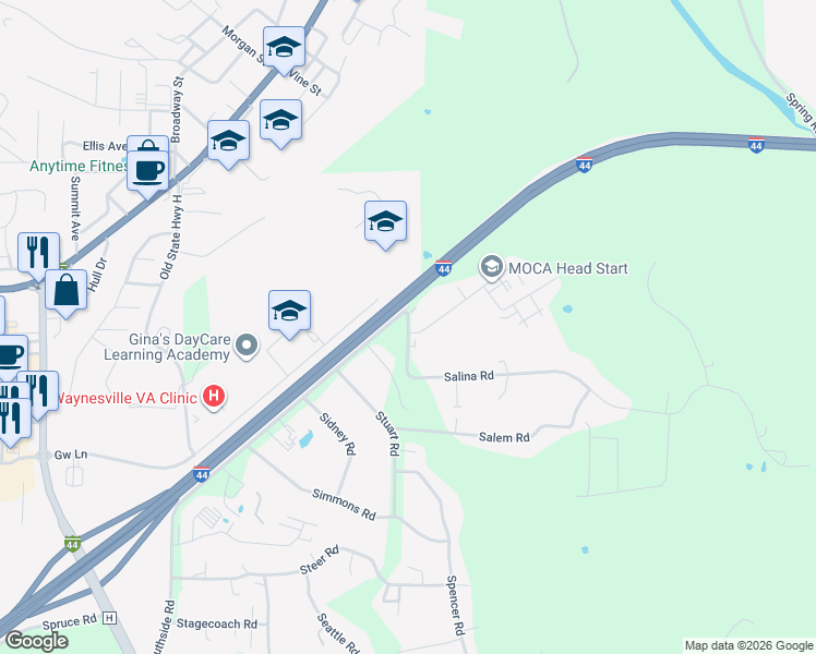 map of restaurants, bars, coffee shops, grocery stores, and more near 20165 Salina Road in Waynesville