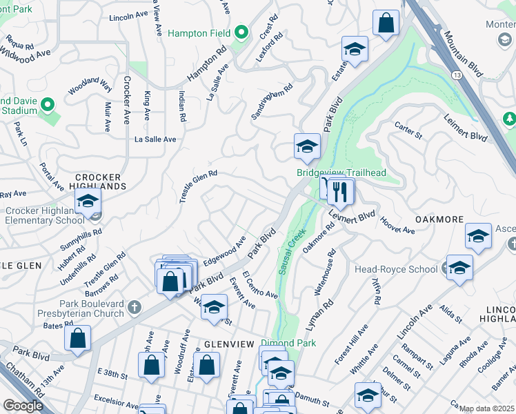 map of restaurants, bars, coffee shops, grocery stores, and more near 1131 Hollywood Avenue in Oakland
