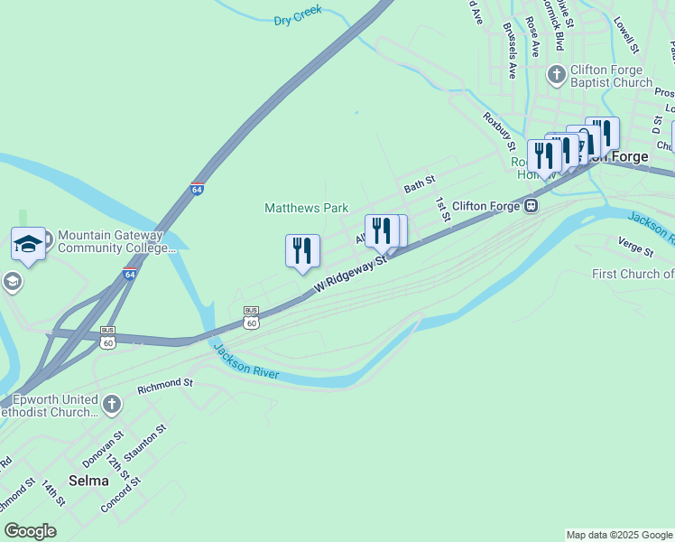 map of restaurants, bars, coffee shops, grocery stores, and more near 422 West Ridgeway Street in Clifton Forge