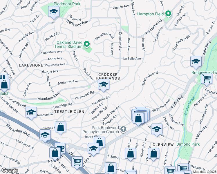 map of restaurants, bars, coffee shops, grocery stores, and more near 1063 Clarendon Crescent in Oakland