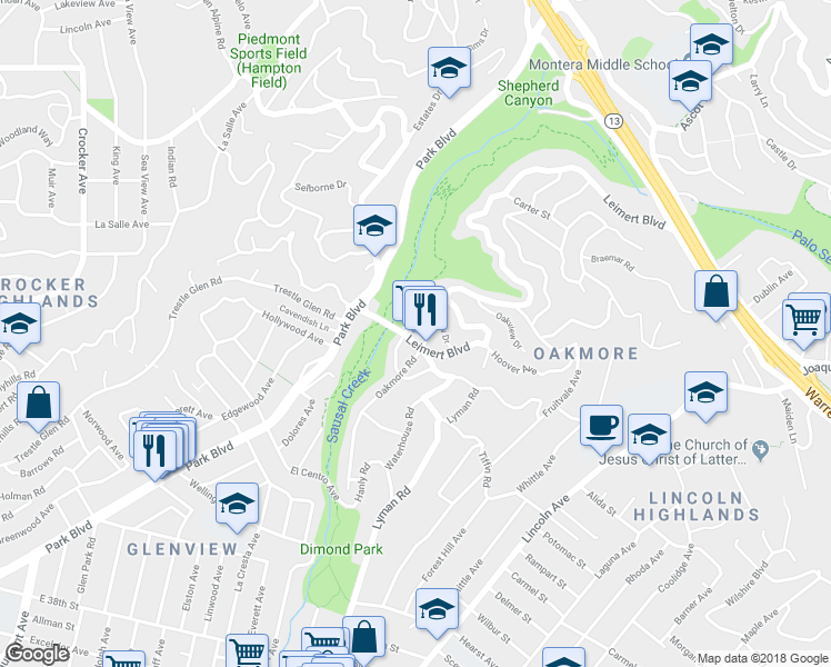 map of restaurants, bars, coffee shops, grocery stores, and more near 1434 Leimert Blvd in Oakland