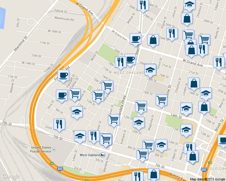 map of restaurants, bars, coffee shops, grocery stores, and more near 1436 Peralta Street in Oakland