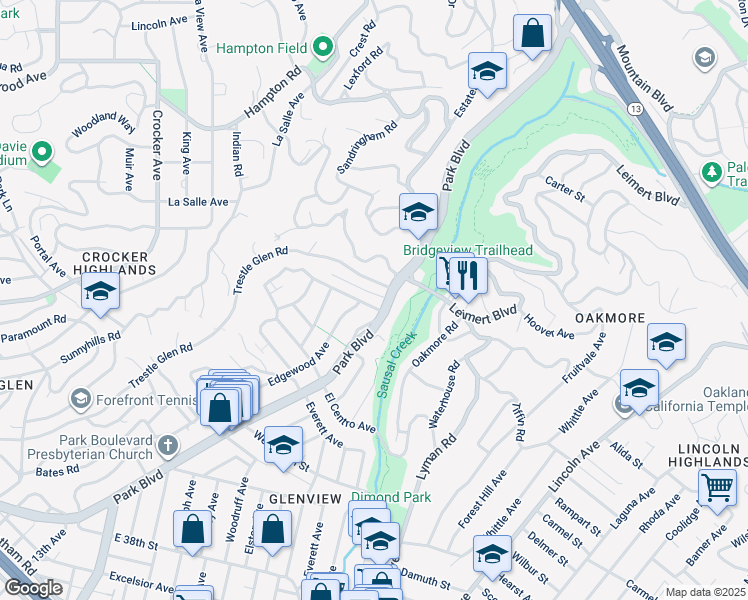 map of restaurants, bars, coffee shops, grocery stores, and more near 1222 Hollywood Avenue in Oakland
