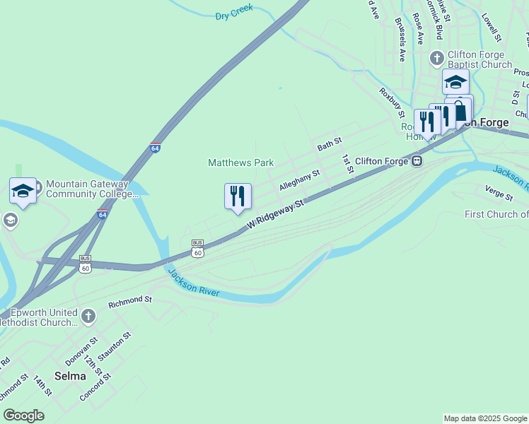 map of restaurants, bars, coffee shops, grocery stores, and more near 422 West Ridgeway Street in Clifton Forge