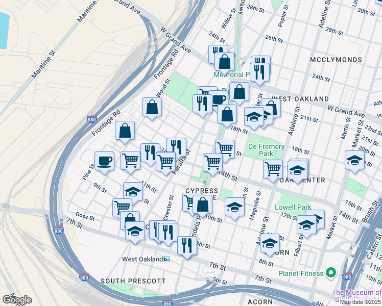 map of restaurants, bars, coffee shops, grocery stores, and more near 1436 Peralta Street in Oakland