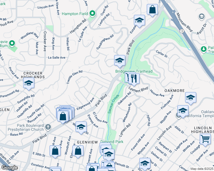 map of restaurants, bars, coffee shops, grocery stores, and more near 1222 Hollywood Avenue in Oakland