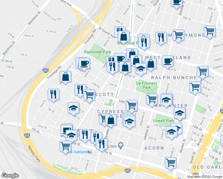map of restaurants, bars, coffee shops, grocery stores, and more near 1434 15th Street in Oakland