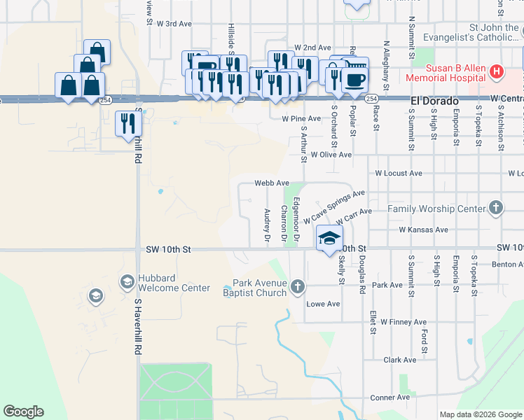 map of restaurants, bars, coffee shops, grocery stores, and more near 745 Audrey Drive in El Dorado