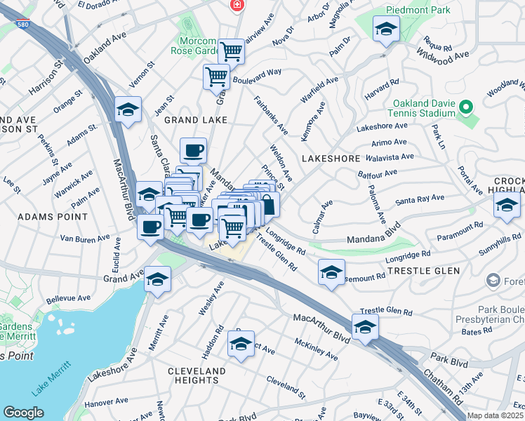 map of restaurants, bars, coffee shops, grocery stores, and more near 3503 Lakeshore Avenue in Oakland