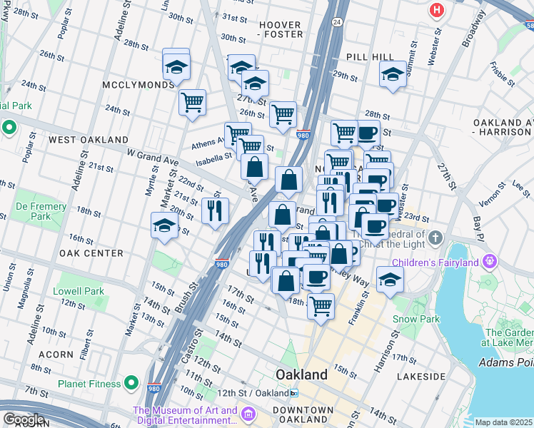 map of restaurants, bars, coffee shops, grocery stores, and more near 2221 Martin Luther King Junior Way in Oakland