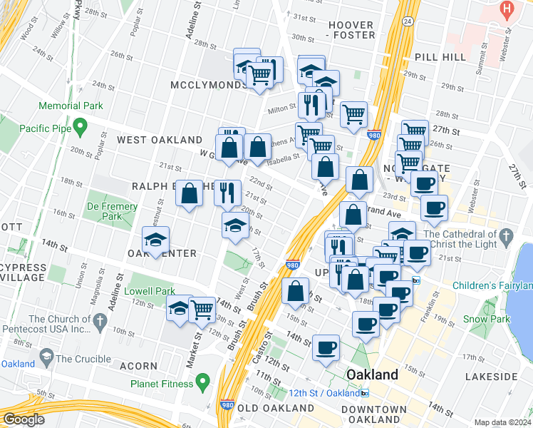 map of restaurants, bars, coffee shops, grocery stores, and more near 826 20th Street in Oakland