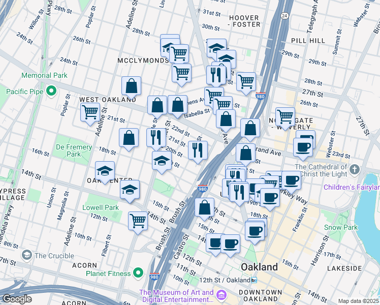 map of restaurants, bars, coffee shops, grocery stores, and more near 2017 West Street in Oakland
