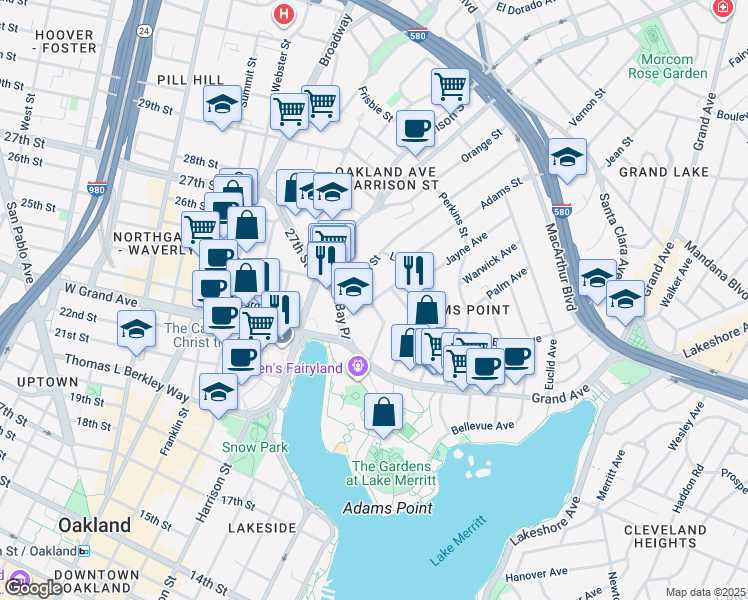 map of restaurants, bars, coffee shops, grocery stores, and more near Montecito Avenue in Oakland