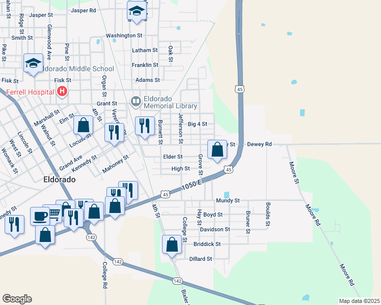map of restaurants, bars, coffee shops, grocery stores, and more near 798 Elder Street in Eldorado