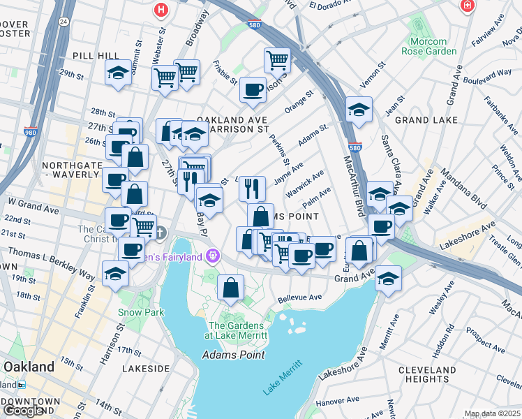 map of restaurants, bars, coffee shops, grocery stores, and more near 285 Lee Street in Oakland