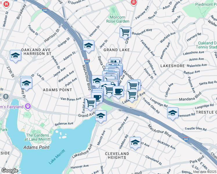 map of restaurants, bars, coffee shops, grocery stores, and more near in Oakland