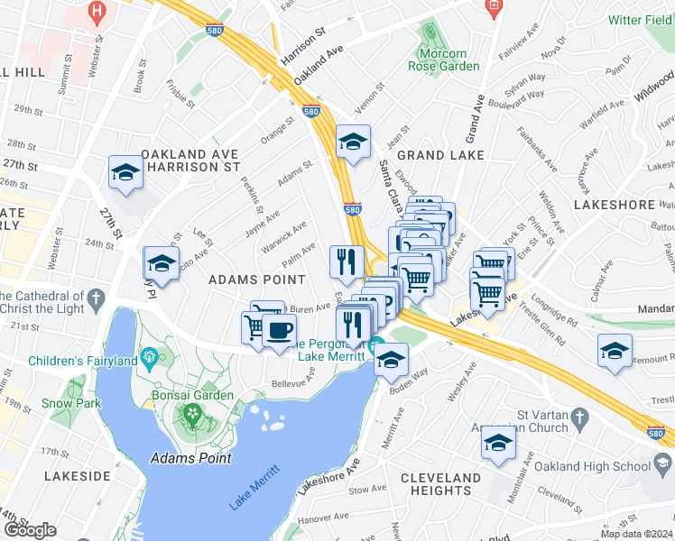 map of restaurants, bars, coffee shops, grocery stores, and more near 372 Euclid Avenue in Oakland