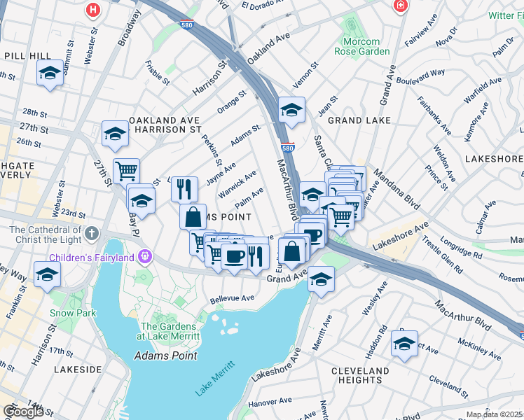 map of restaurants, bars, coffee shops, grocery stores, and more near 374 Bellevue Avenue in Oakland
