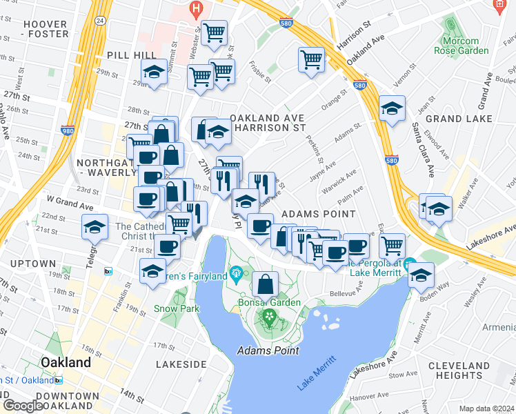 map of restaurants, bars, coffee shops, grocery stores, and more near 168 Montecito Avenue in Oakland