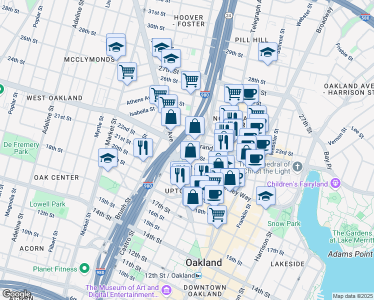 map of restaurants, bars, coffee shops, grocery stores, and more near 2126 Martin Luther King Junior Way in Oakland