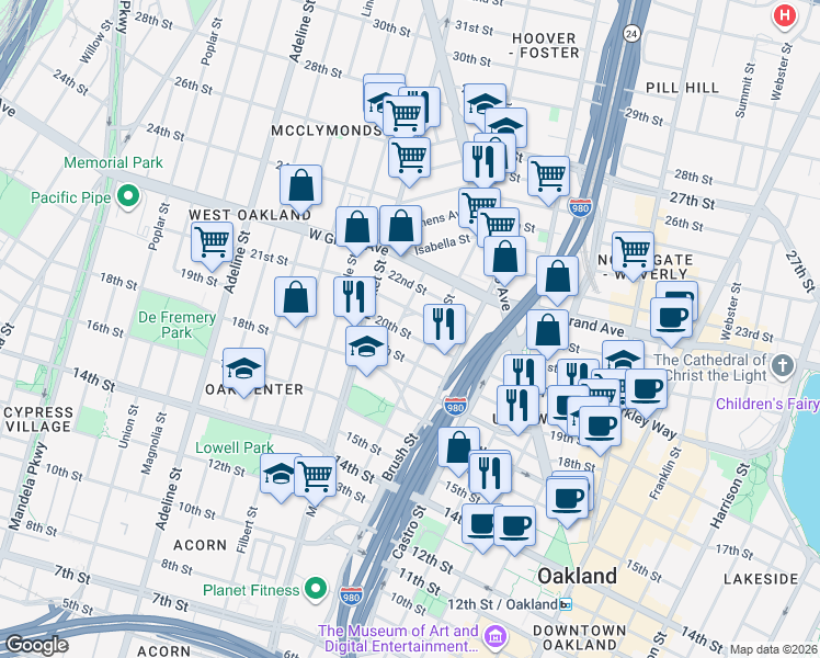 map of restaurants, bars, coffee shops, grocery stores, and more near 2017 West Street in Oakland