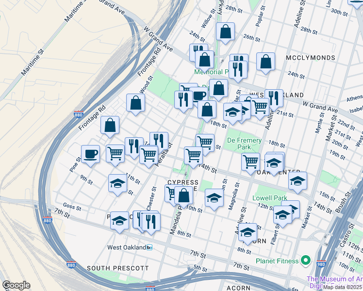 map of restaurants, bars, coffee shops, grocery stores, and more near in Oakland