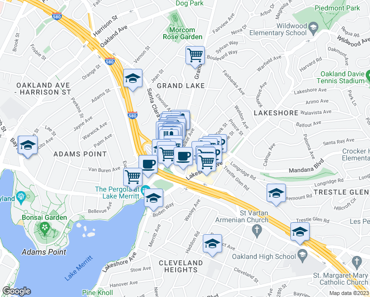 map of restaurants, bars, coffee shops, grocery stores, and more near 477 Wickson Avenue in Oakland