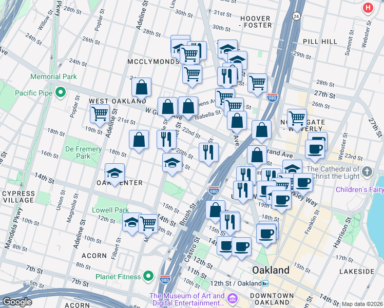 map of restaurants, bars, coffee shops, grocery stores, and more near 2017 West Street in Oakland