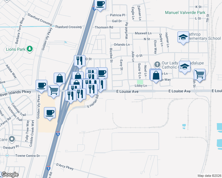 map of restaurants, bars, coffee shops, grocery stores, and more near 16455 Bizzibe Street in Lathrop