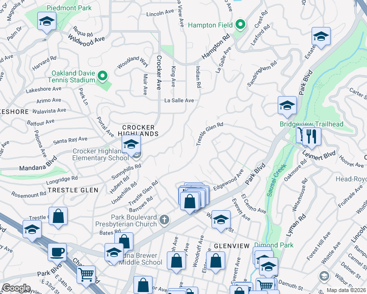 map of restaurants, bars, coffee shops, grocery stores, and more near 38 Bowles Place in Oakland