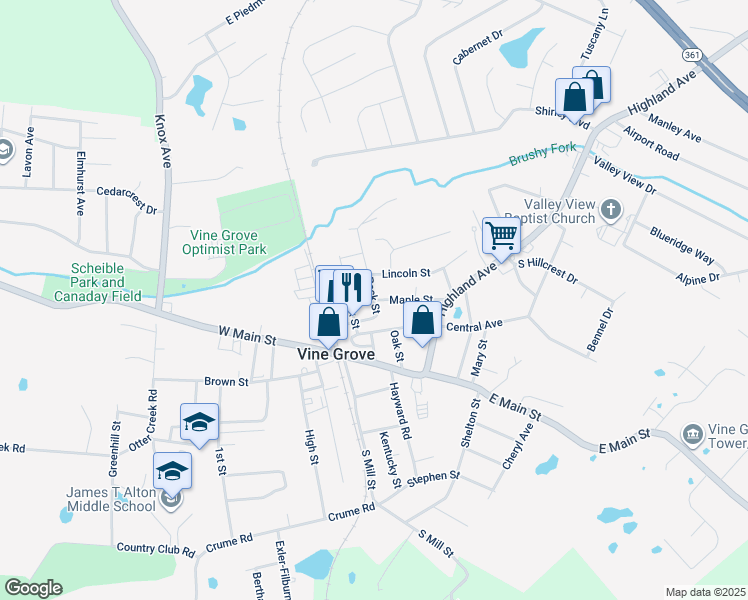 map of restaurants, bars, coffee shops, grocery stores, and more near 200 Maple Street in Vine Grove