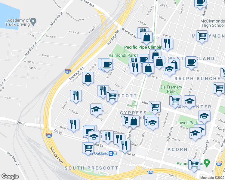 map of restaurants, bars, coffee shops, grocery stores, and more near 14th Street & Campbell Street in Oakland
