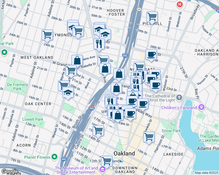 map of restaurants, bars, coffee shops, grocery stores, and more near 2221 Martin Luther King Junior Way in Oakland