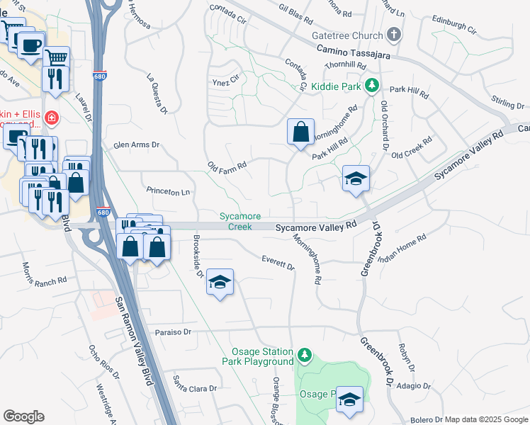 map of restaurants, bars, coffee shops, grocery stores, and more near 558 Freitas Road in Danville
