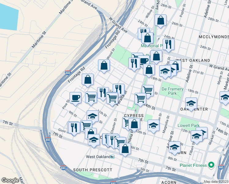 map of restaurants, bars, coffee shops, grocery stores, and more near 1644 14th Street in Oakland
