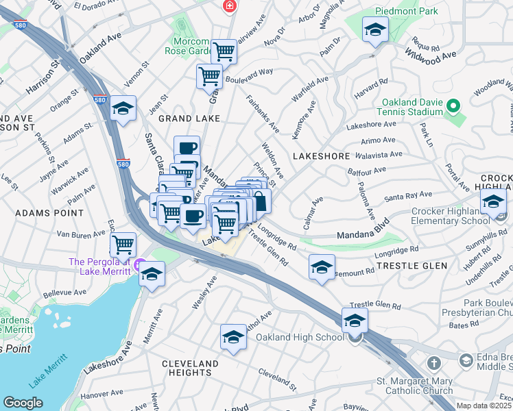 map of restaurants, bars, coffee shops, grocery stores, and more near 3505 Lakeshore Avenue in Oakland