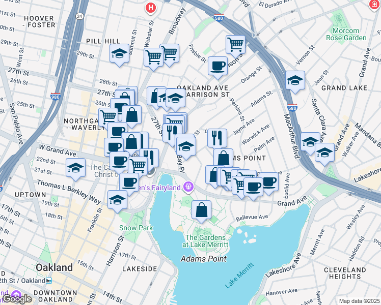 map of restaurants, bars, coffee shops, grocery stores, and more near 168 Montecito Avenue in Oakland