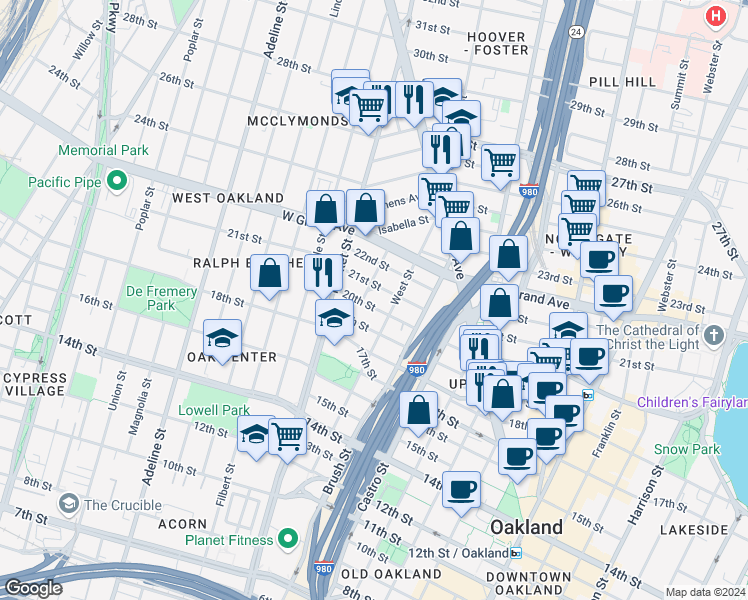 map of restaurants, bars, coffee shops, grocery stores, and more near 836 20th Street in Oakland