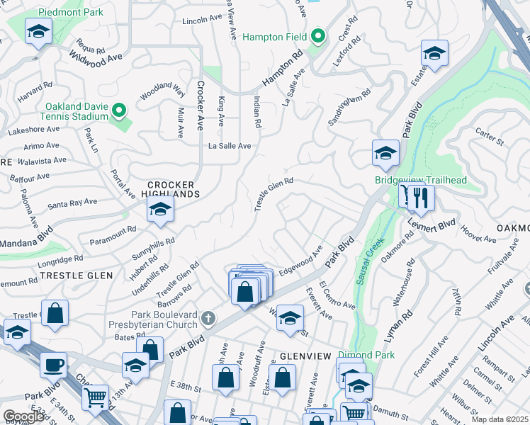 map of restaurants, bars, coffee shops, grocery stores, and more near 1657 Trestle Glen Rd in Oakland
