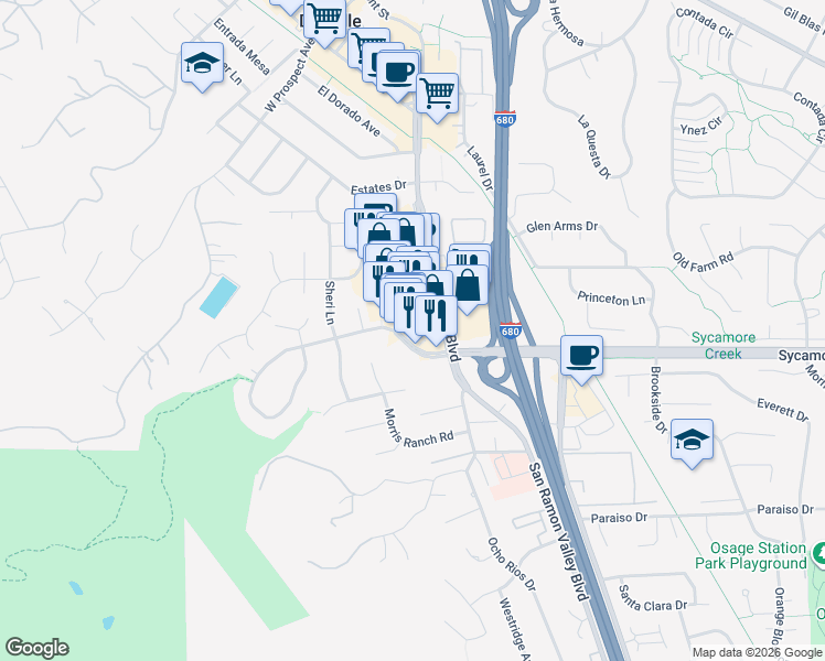map of restaurants, bars, coffee shops, grocery stores, and more near 200 Sycamore Valley Rd W in Danville