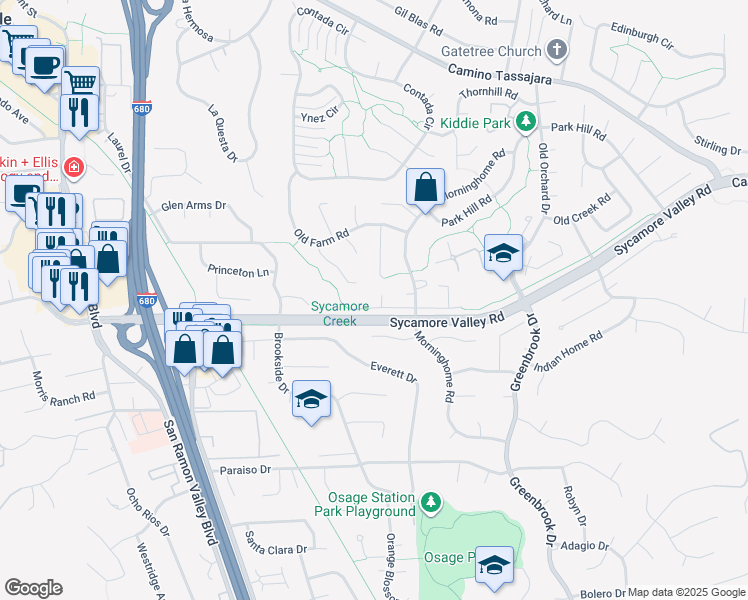map of restaurants, bars, coffee shops, grocery stores, and more near 558 Freitas Road in Danville