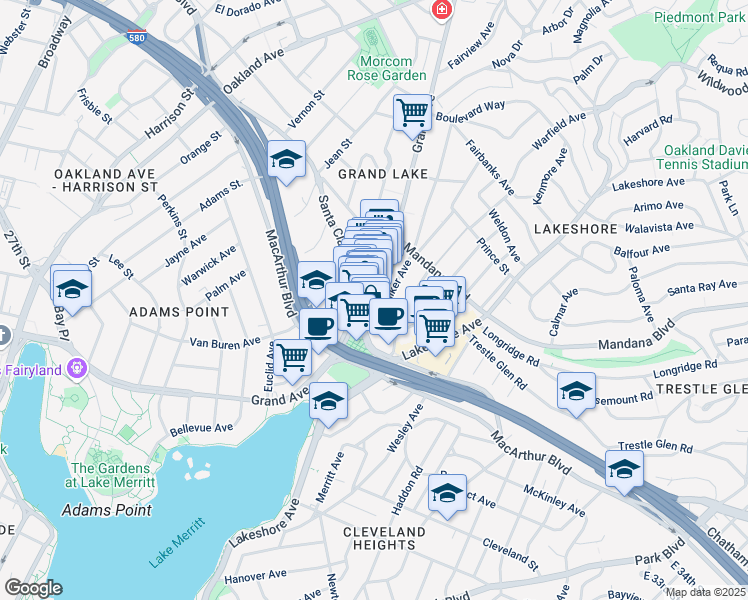 map of restaurants, bars, coffee shops, grocery stores, and more near 3242 Grand Avenue in Oakland