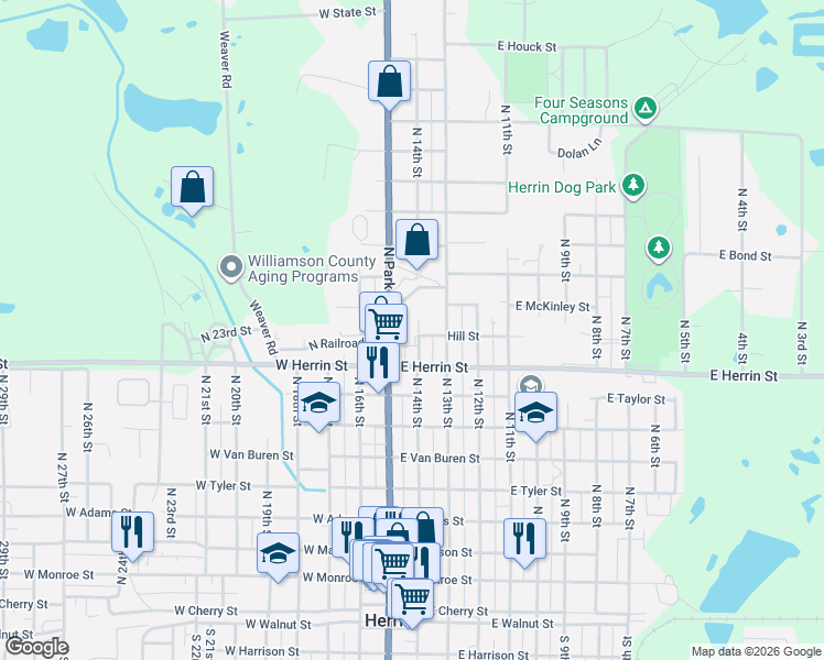 map of restaurants, bars, coffee shops, grocery stores, and more near 1000-1012 North 14th Street in Herrin