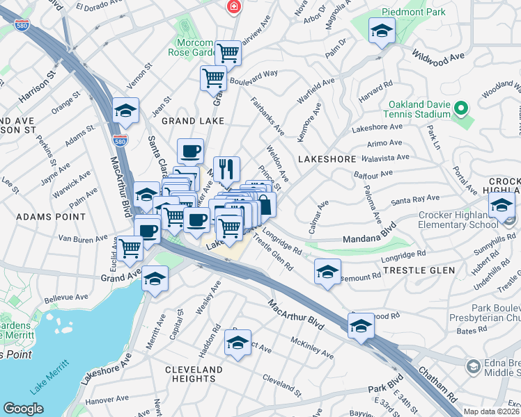 map of restaurants, bars, coffee shops, grocery stores, and more near 3505 Lakeshore Avenue in Oakland
